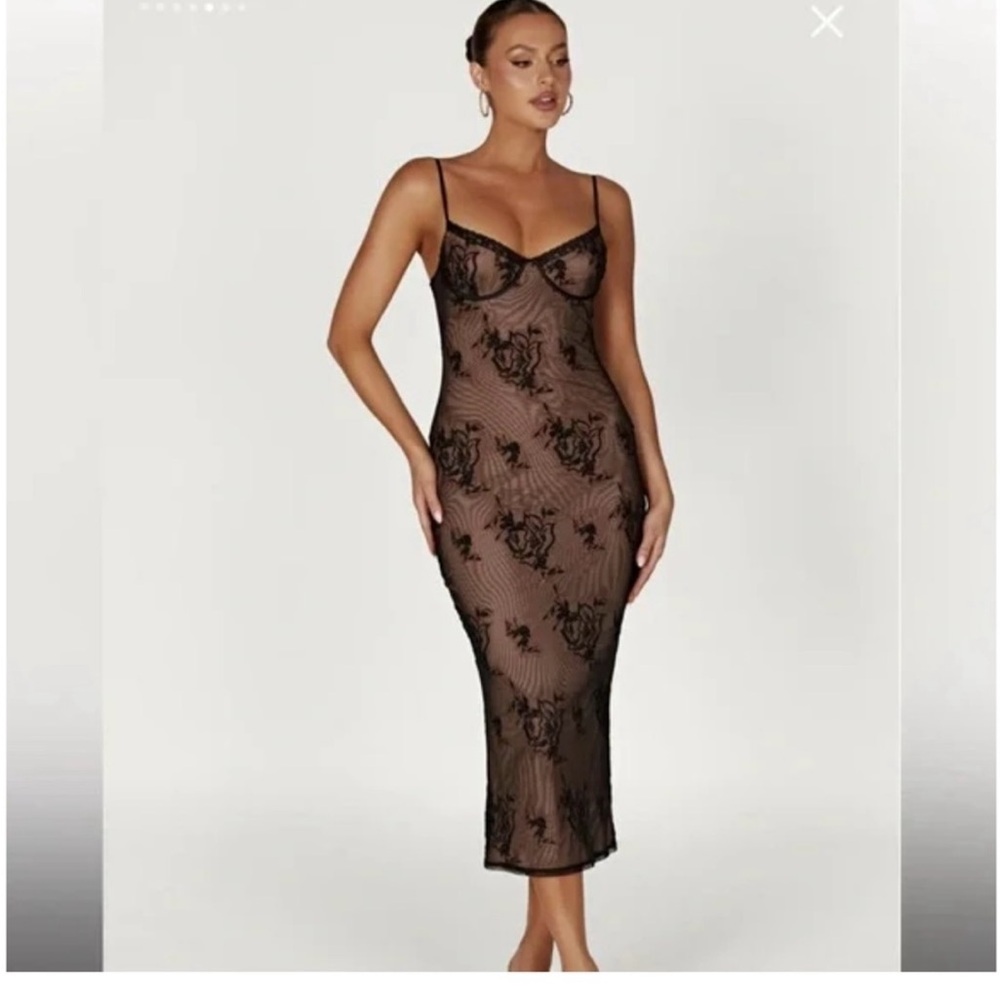 Meshki Black Floral Lace Midi Dress